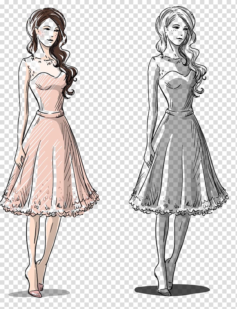 Drawing Dress Illustration, Watercolor painted female model transparent background PNG clipart