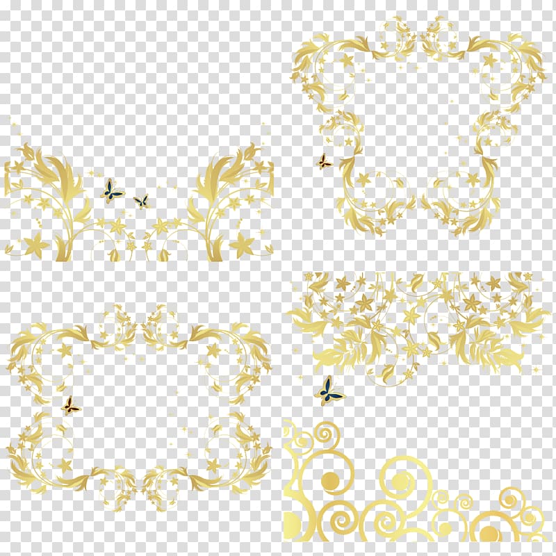 five gold floral borderlines, Gold Motif Pattern, Gold pattern frame transparent background PNG clipart