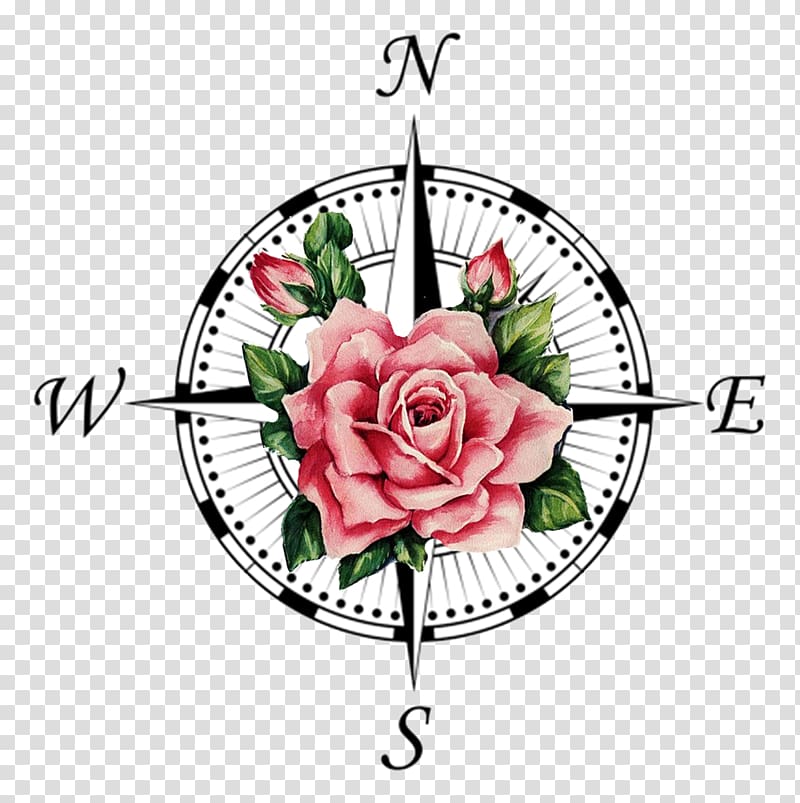 pink, green, and white floral cardinal points, Compass rose Tattoo, compass transparent background PNG clipart
