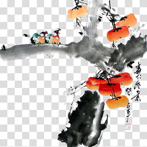 u6c34u58a8u5199u610f Japanese Persimmon u5199u610fu753b Ink wash painting, Ink persimmon and birds transparent background PNG clipart thumbnail