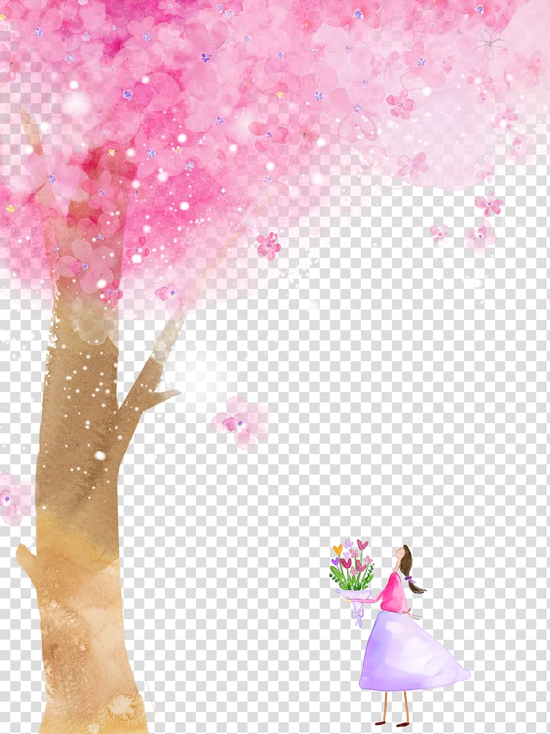 woman holding bouquet of flowers while standing under tree illustration, Cherry blossom Cartoon Flower, petal,Cherry blossoms transparent background PNG clipart