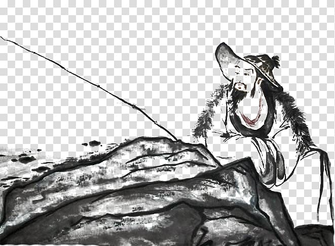 Black and white Sketch, Brush painting, ink painting, fishing transparent background PNG clipart