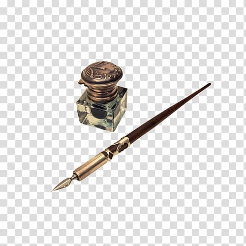 gold-and-brown pen and ink vial, Paper Inkwell Fountain pen Quill, Fine pen transparent background PNG clipart