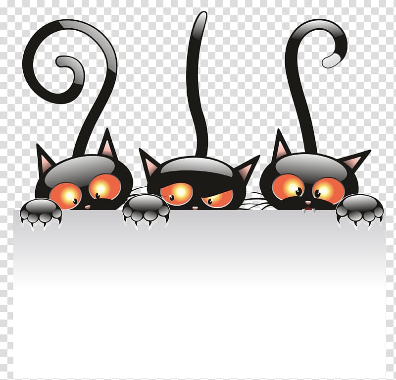 three black cats illustration, Black cat Kitten Halloween , Witch Cat transparent background PNG clipart