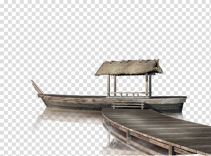 boat beside brown wooden dock illustration, China Ink wash painting Chinese painting Chinoiserie, Caochuan beach background transparent background PNG clipart