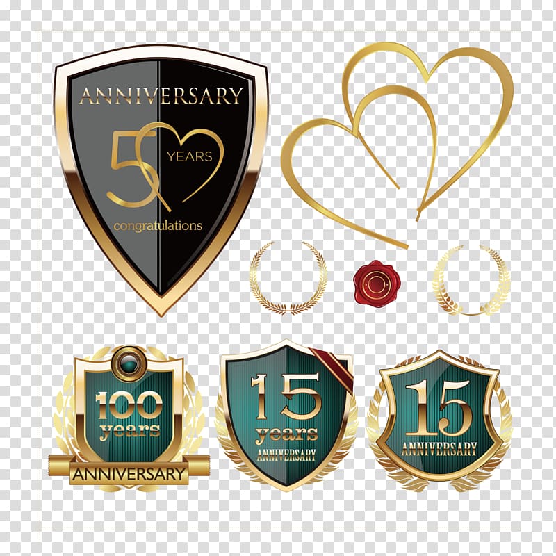 four gold anniversary trophies art, Anniversary badge transparent background PNG clipart