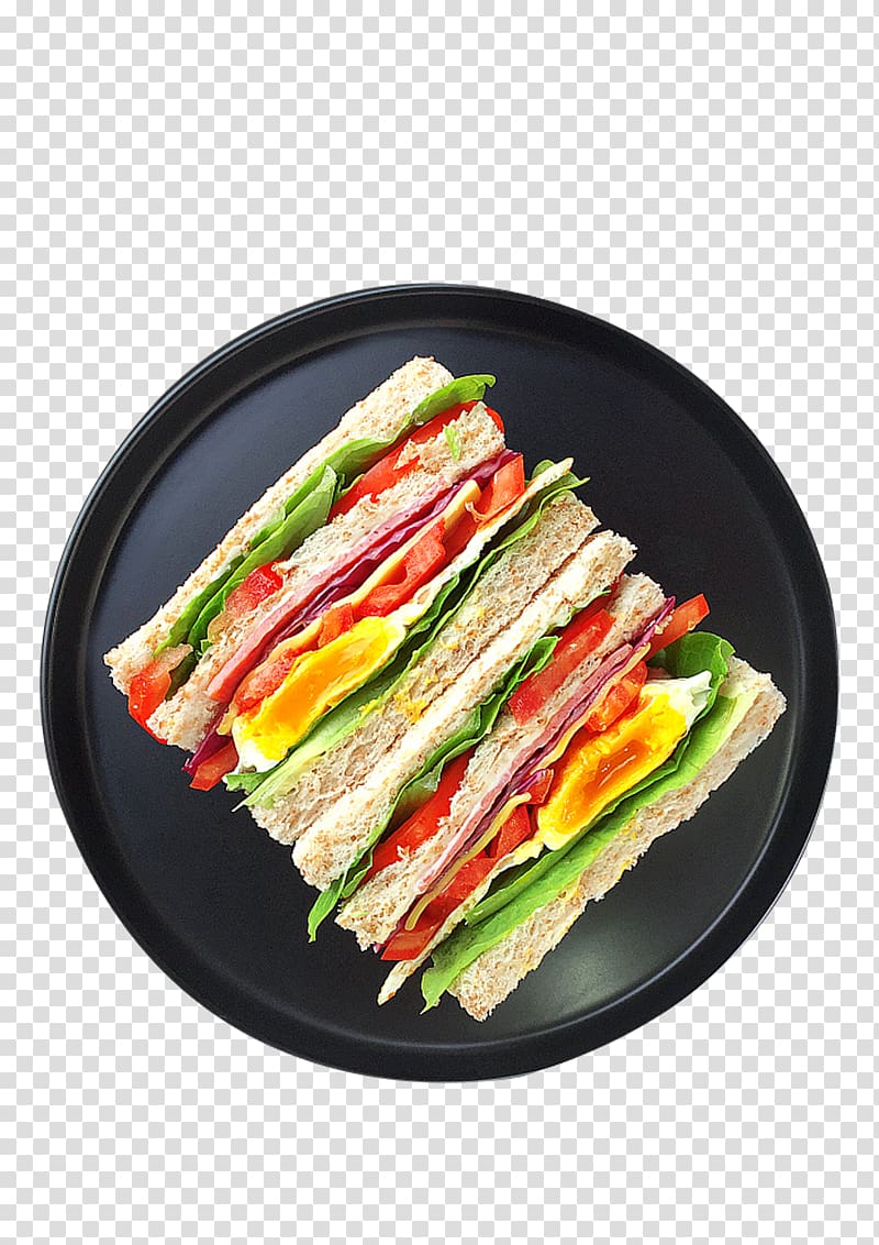 sandwich on black plate, Breakfast Sandwich European cuisine Fruit salad Food, Ham sandwich egg yolk transparent background PNG clipart
