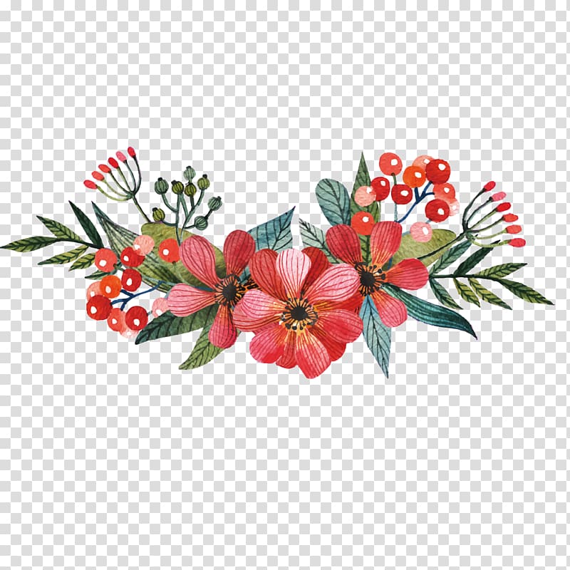 red flower and berries swag , painted red flowers transparent background PNG clipart