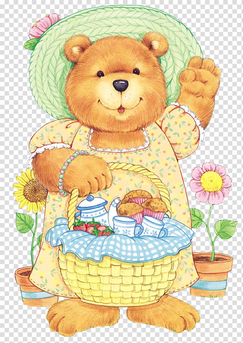 bear wearing dress carrying basket illustration, Wednesday Good Morning, Teddy Bear transparent background PNG clipart