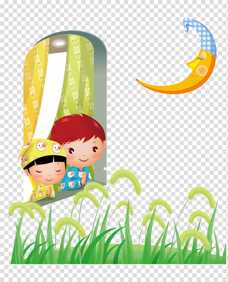 Illustration, Children standing at the window watching the moon transparent background PNG clipart