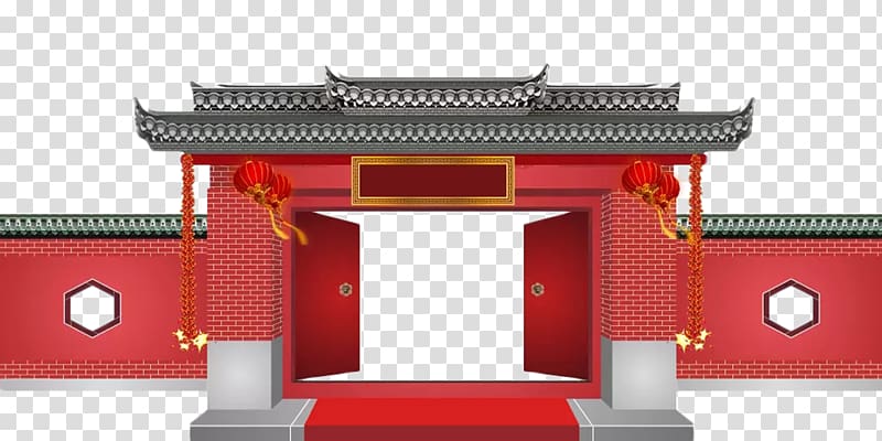 red and gray temple illustration, Gratis, Ancient Chinese wind gate entrance transparent background PNG clipart