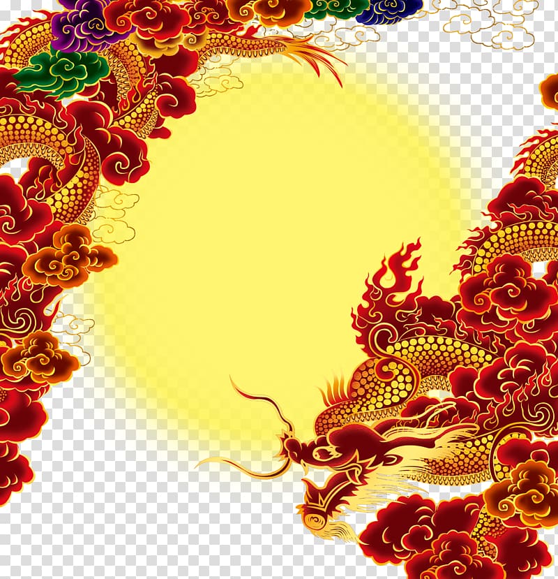 two yellow-and-red dragons illustration, China Chinese dragon Mid-Autumn Festival, Dragon moon transparent background PNG clipart