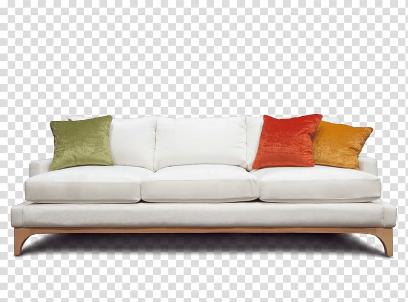 three assorted-color throw pillows and white couch with brown wooden base, Couch Canvas print, Sofa transparent background PNG clipart