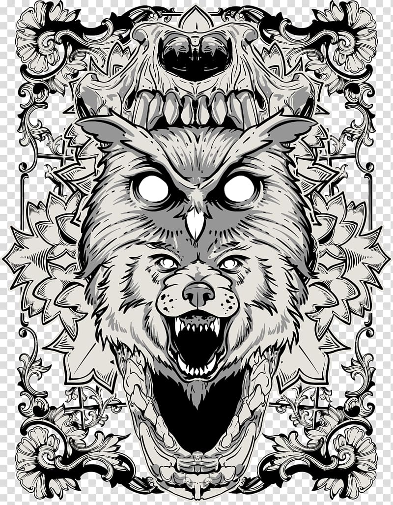 white and black owl and wolf illustration, Gray wolf Drawing Illustration, Graffiti material transparent background PNG clipart