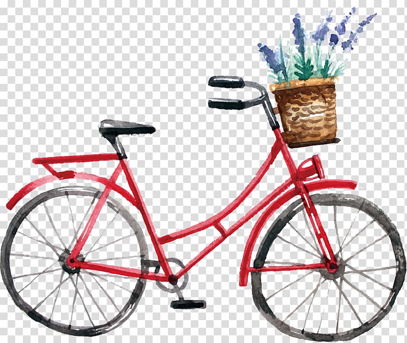 red cruiser bike with basket and flowers painting, Bicycle Watercolor painting Cycling, Watercolor bike design transparent background PNG clipart