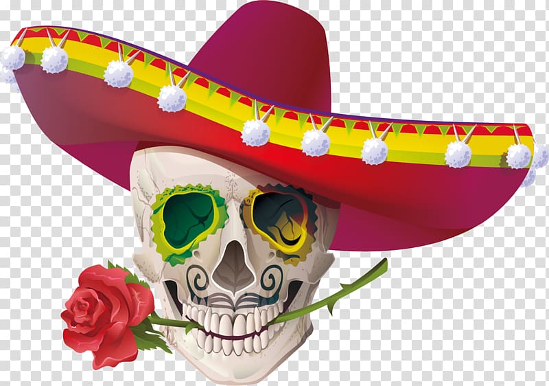 skull with mariachi hut with rose on mouth, Calavera Cinco de Mayo Mexican cuisine , Skull transparent background PNG clipart