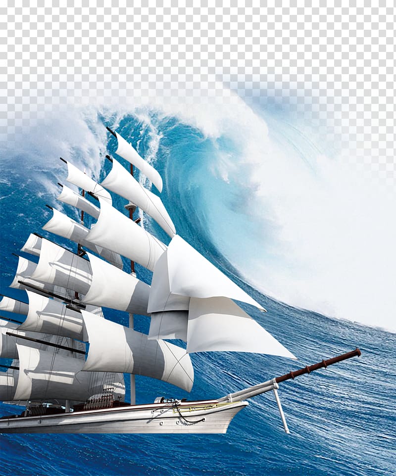 white sailing ship on body of water , Sailing ship Sea , Sea wave transparent background PNG clipart
