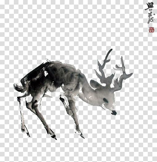 Red deer Moose Ink wash painting, Ink painting down the deer transparent background PNG clipart