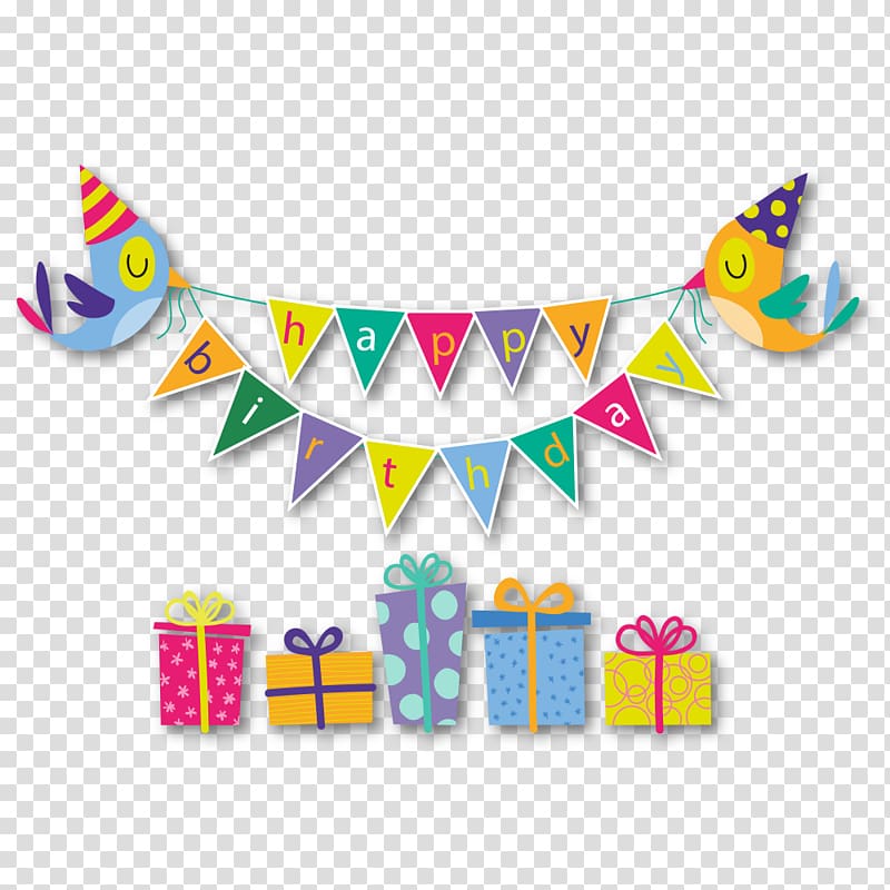 Happy Birthday sign text with gift box and bantings, Birthday cake Happy Birthday to You Gift Greeting card, Pull flag material transparent background PNG clipart