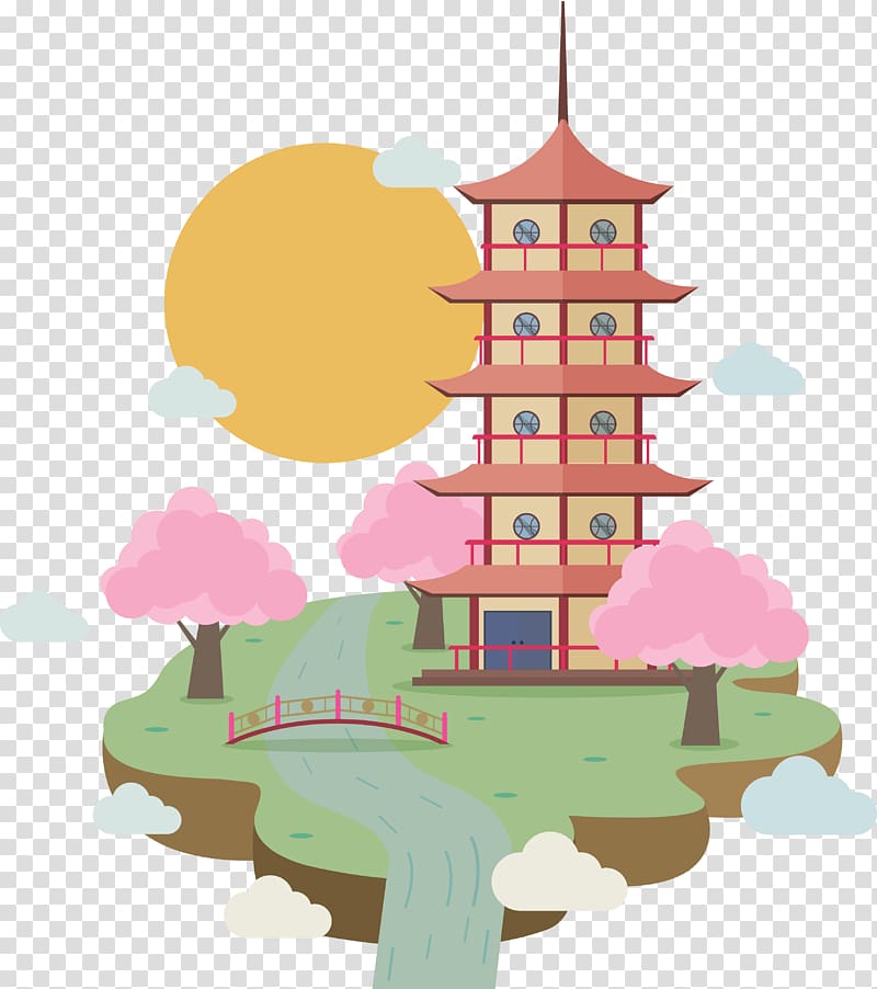 white and pink pagoda , Japan Temple Illustration, Japanese cherry blossoms spring temple transparent background PNG clipart