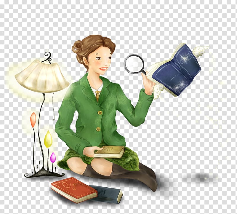 Magnifying glass, Girl with a magnifying glass to read transparent background PNG clipart