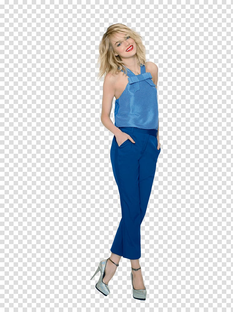 woman wearing teal sleeveless top and blue pants, Emma Stone Waiting transparent background PNG clipart