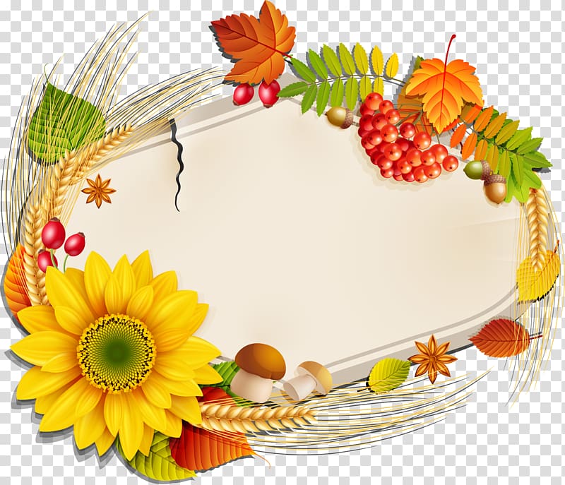 multicolored flowers and fruits with oval tray illustration, autumn harvest material transparent background PNG clipart