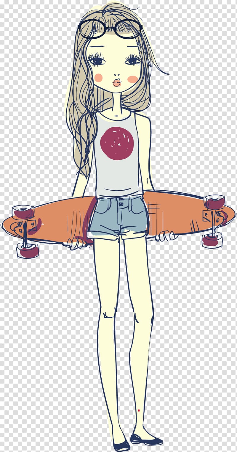 standing woman holding longboard sketch illustration, Cartoon Girl Illustration, Girl holding skateboard transparent background PNG clipart