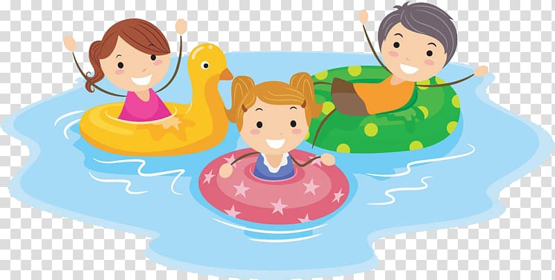 three children on swimming rings art, Swimming pool Cartoon Child , The children swim transparent background PNG clipart