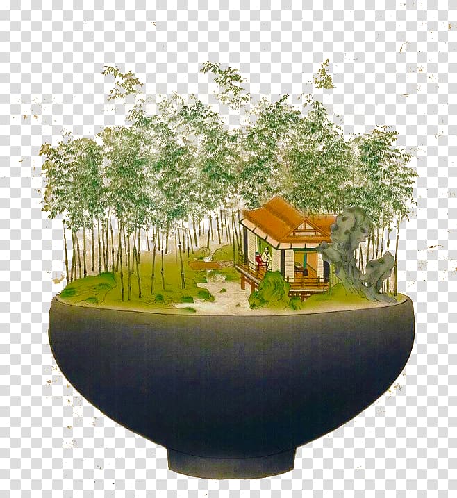 Ink wash painting Gongbi Shan shui Chinese painting Illustration, Cabin in the woods transparent background PNG clipart