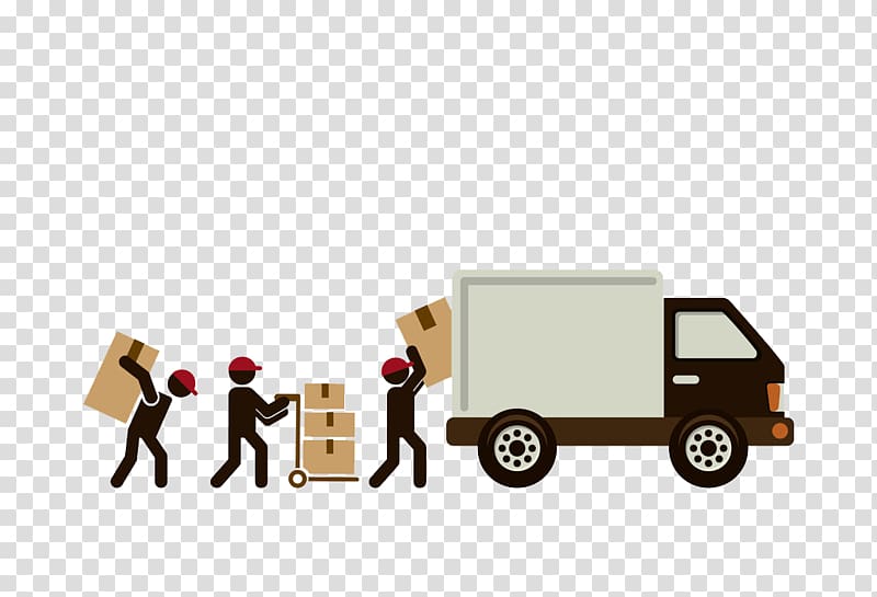 three man loading white box truck illustration, Mover Delivery Freight transport, City delivery character scene convenient and quick transparent background PNG clipart