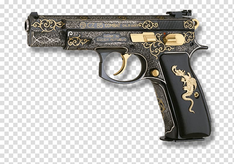 black and gold Cz 85 Combat semi-automatic pistol, Trigger CZ 75 Revolver Air gun Gun barrel, Handgun transparent background PNG clipart
