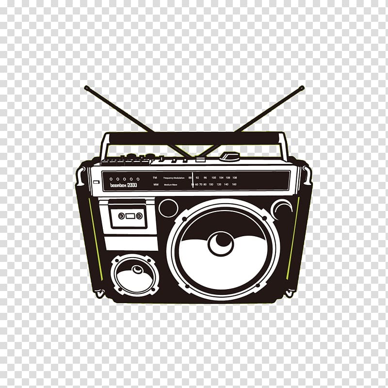 black and white boombox illustration, 1980s Boombox Compact Cassette , radio transparent background PNG clipart