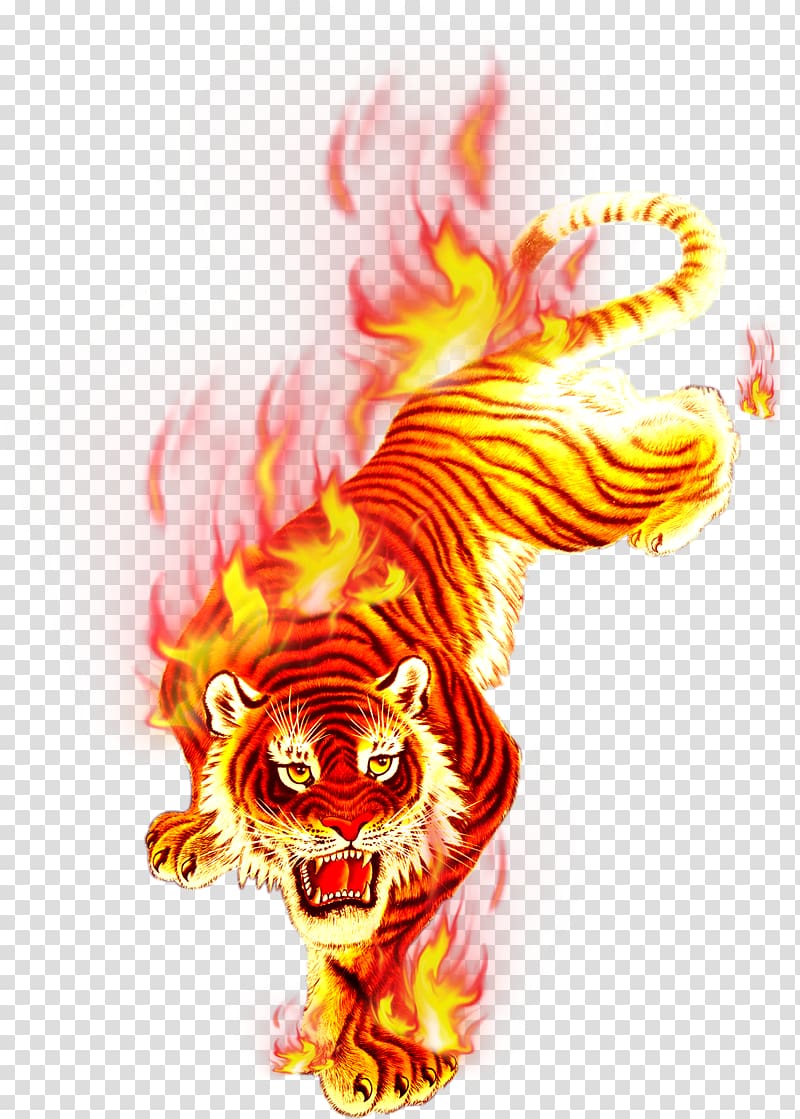 brown and yellow tiger illustration, T-shirt Fire Flame, Charcoal flame tiger Festival transparent background PNG clipart
