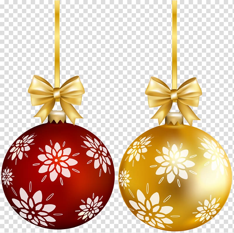 two red and yellow bauble decors, Christmas ornament Santa Claus Christmas tree , Red Gold Christmas Ball transparent background PNG clipart