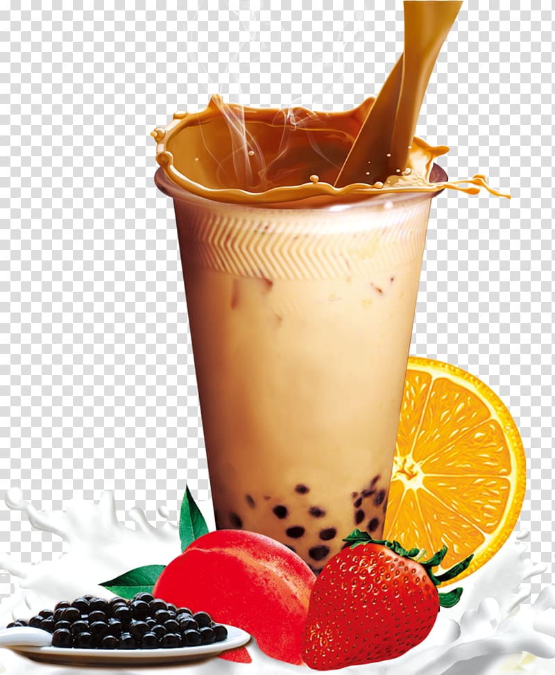 clear drinking glass and fruits , Hong Kong-style milk tea Bubble tea, Pearl milk tea transparent background PNG clipart