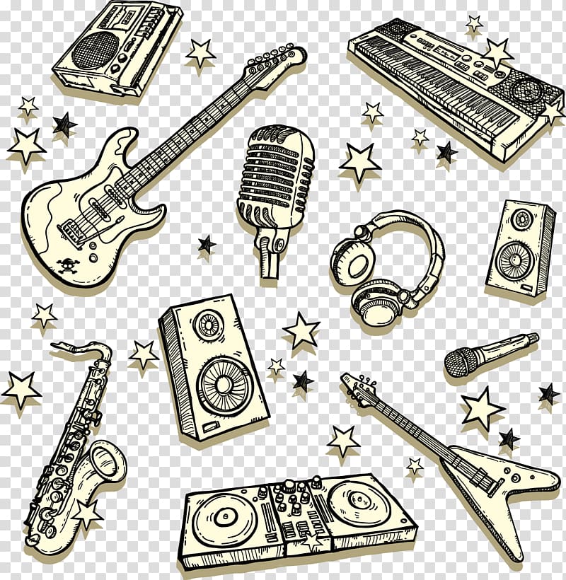 Drawing Music, Hand-painted guitar sound keyboard and other musical elements transparent background PNG clipart