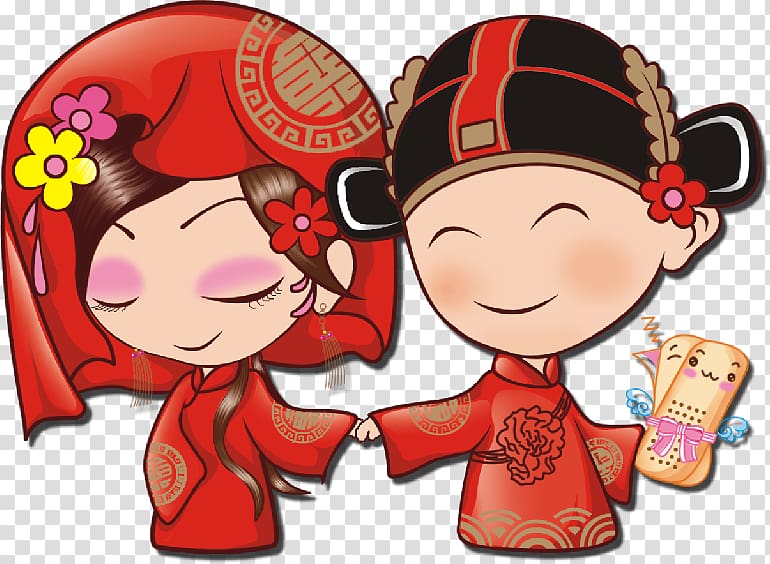 boy and girl wearing red top illustration, China Wedding Chinese marriage, Chinese wedding cute cartoon transparent background PNG clipart