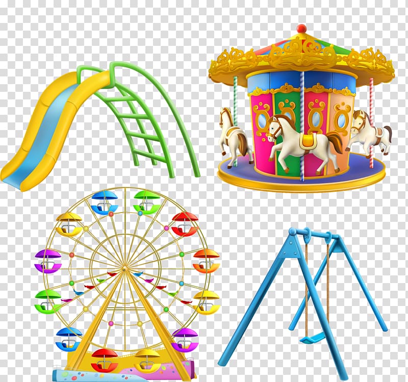 slide;swing; carousel illustration, Carousel Illustration, cartoon amusement park Ferris wheel carousel transparent background PNG clipart