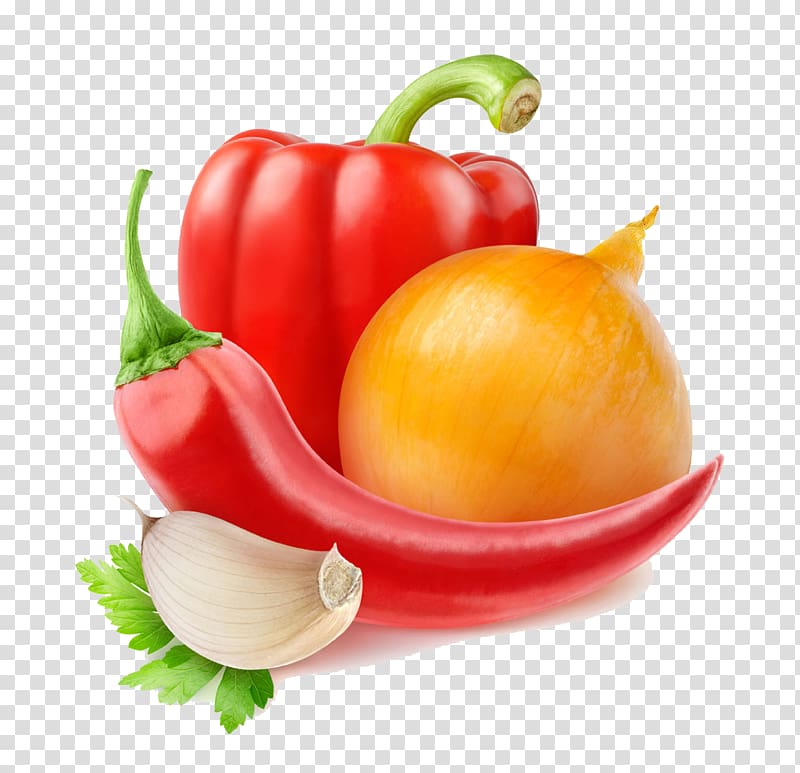 red bell pepper, red chili, white onion, and white garlic illustration, Bell pepper Cayenne pepper Chili pepper Onion Garlic, Garlic onion chili material transparent background PNG clipart