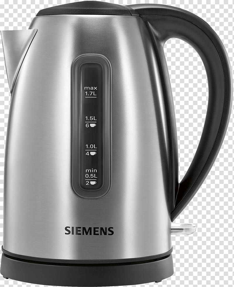 Siemens 1.7 Liter Electric Kettle, TW7902GB, Black & Silver Siemens Kettle, steel teapot transparent background PNG clipart