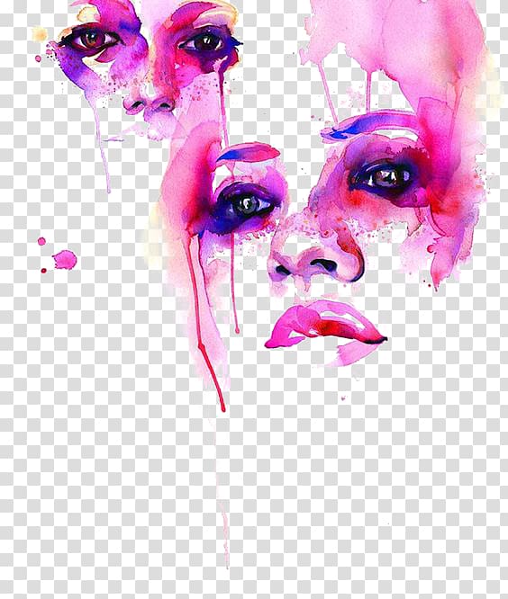 woman's face with pink paint, Visual arts Watercolor painting Drawing Illustration, Watercolor Avatar transparent background PNG clipart