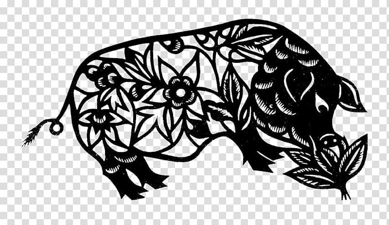 Domestic pig Papercutting Black and white, Black paper-cut cabbage Zhugong transparent background PNG clipart