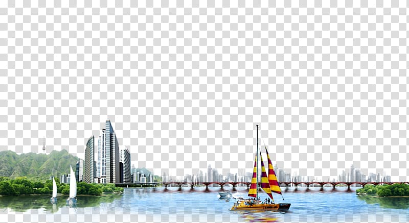boat on river beside city skyline, The Iron Bridge Advertising Building, City Bridge sailing background material transparent background PNG clipart