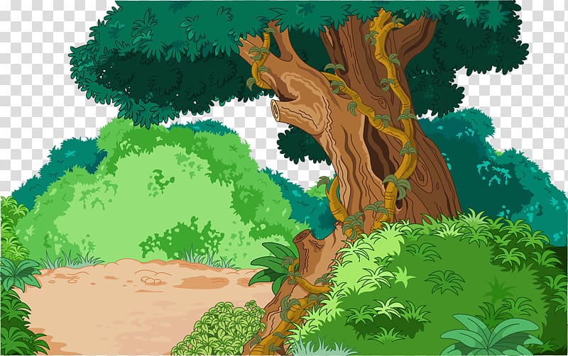 green leafed tree beside bush illustration, Tropical and subtropical moist broadleaf forests Tropical rainforest Tropics Illustration, Green tree transparent background PNG clipart