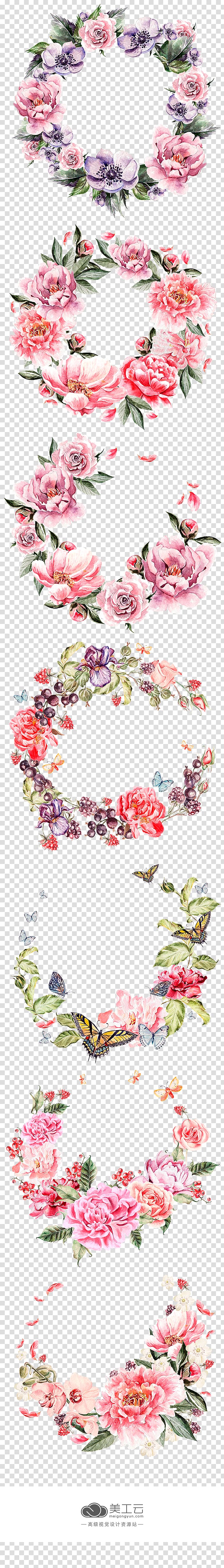 flowers illustration, Wreath Flower Pink, Colorful garland effect transparent background PNG clipart