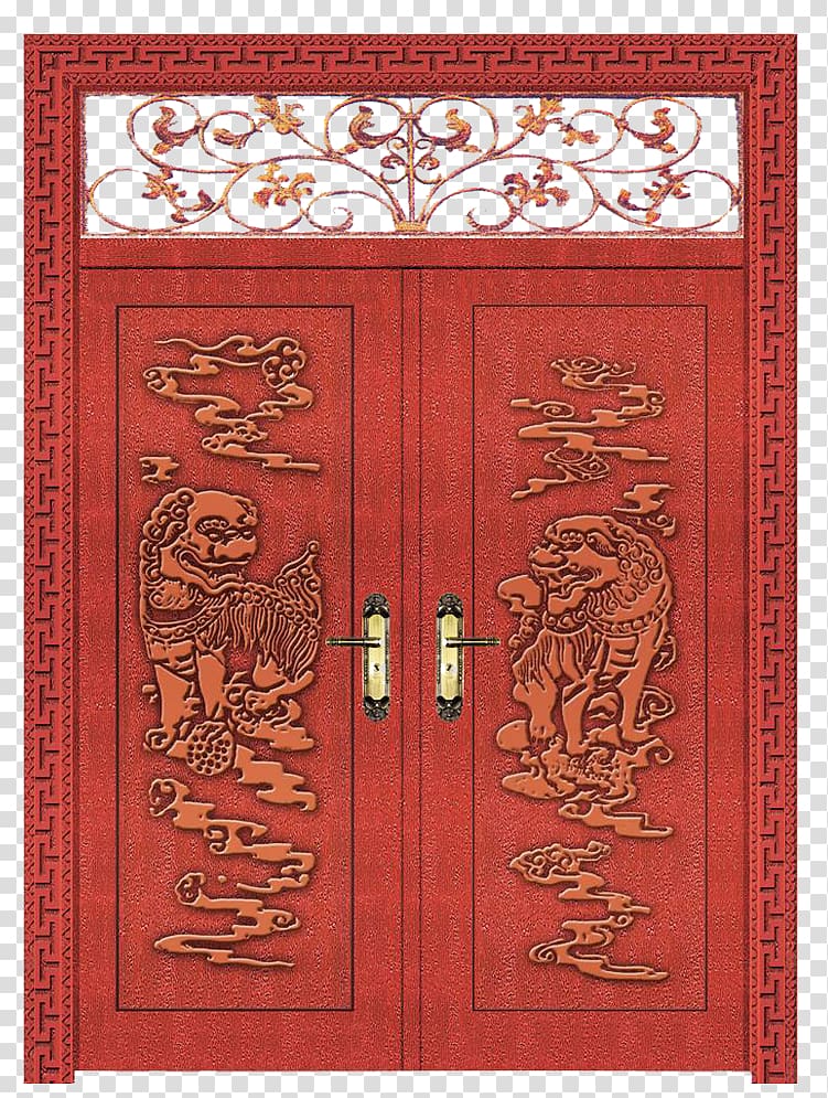 Door Gongmen Wood Gate, China traditional wooden relief hollow red gate process transparent background PNG clipart