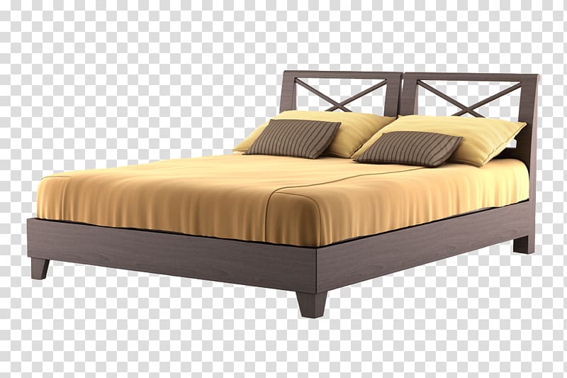 brown wooden bed frame with brown mattress and pillows, Modern Brown Bed transparent background PNG clipart