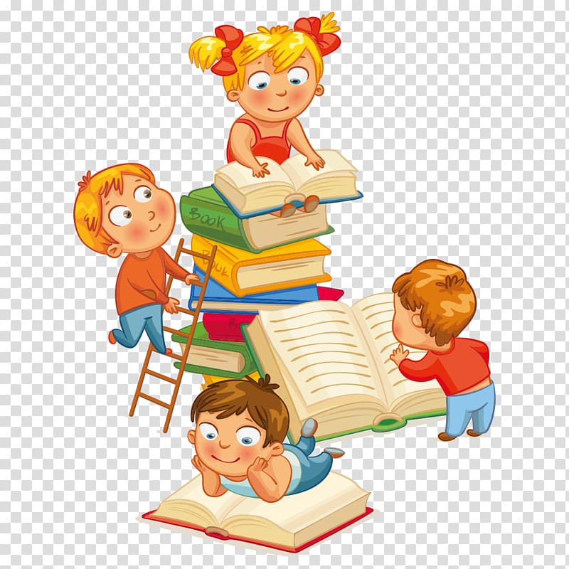 Four children reading books , Library Child Nati per Leggere Librarian