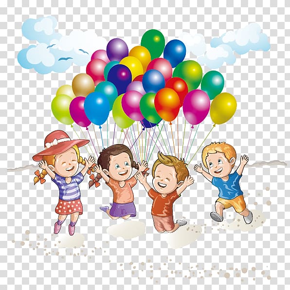 four toddler's holding balloons , Drawing , Beach children playing with balloons material transparent background PNG clipart